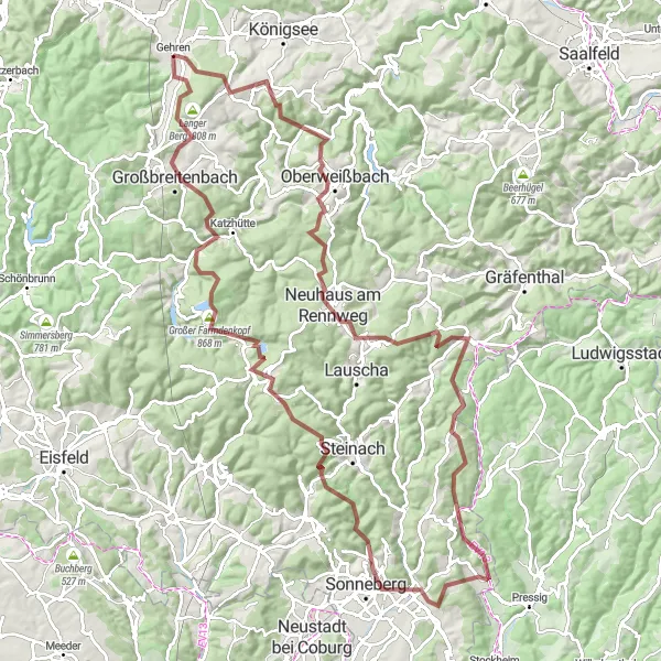 Karten-Miniaturansicht der Radinspiration "Der Rennsteig-Trail: Von Gehren zu den Gipfeln" in Thüringen, Germany. Erstellt vom Tarmacs.app-Routenplaner für Radtouren