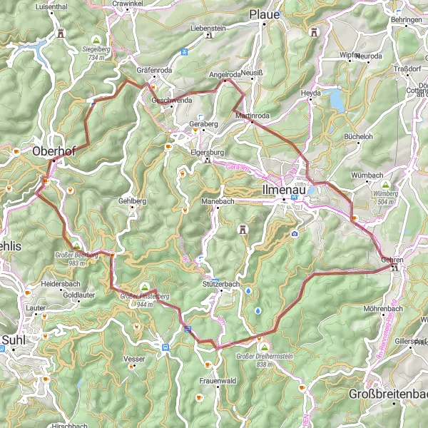 Karten-Miniaturansicht der Radinspiration "Rundweg um Oberhof und Waldsberg" in Thüringen, Germany. Erstellt vom Tarmacs.app-Routenplaner für Radtouren