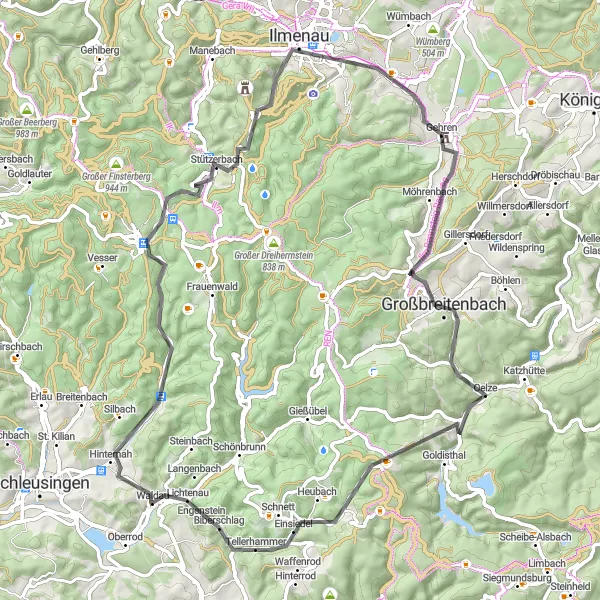 Karten-Miniaturansicht der Radinspiration "Rennsteig und Hohe Buche Rundweg" in Thüringen, Germany. Erstellt vom Tarmacs.app-Routenplaner für Radtouren