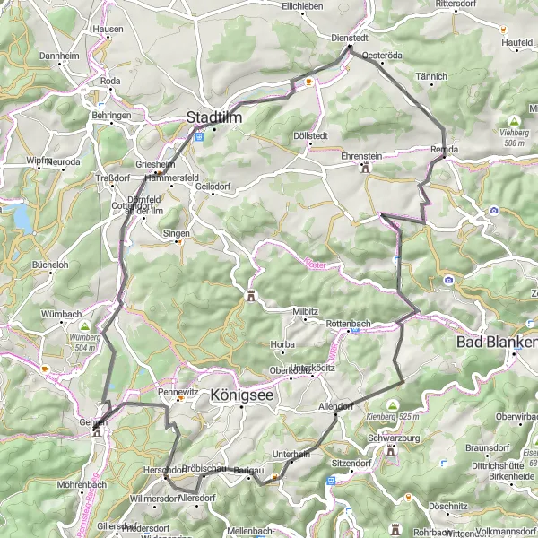 Map miniature of "Thuringian Hills Loop" cycling inspiration in Thüringen, Germany. Generated by Tarmacs.app cycling route planner