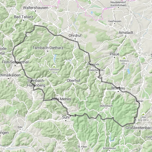 Map miniature of "Thuringian Forest Grand Tour" cycling inspiration in Thüringen, Germany. Generated by Tarmacs.app cycling route planner