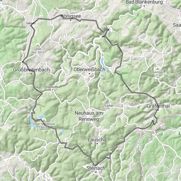 Map miniature of "Around Gehren: Hills and Telegraphs" cycling inspiration in Thüringen, Germany. Generated by Tarmacs.app cycling route planner