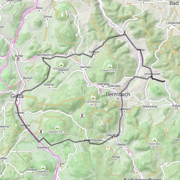 Map miniature of "The Scenic Road Trip" cycling inspiration in Thüringen, Germany. Generated by Tarmacs.app cycling route planner