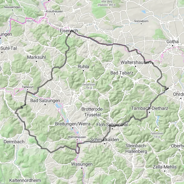 Karten-Miniaturansicht der Radinspiration "Radtour durch die Natur Thüringens" in Thüringen, Germany. Erstellt vom Tarmacs.app-Routenplaner für Radtouren