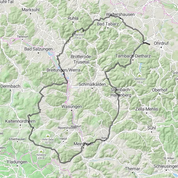 Karten-Miniaturansicht der Radinspiration "Anspruchsvolle Radtour durch die Rhön" in Thüringen, Germany. Erstellt vom Tarmacs.app-Routenplaner für Radtouren