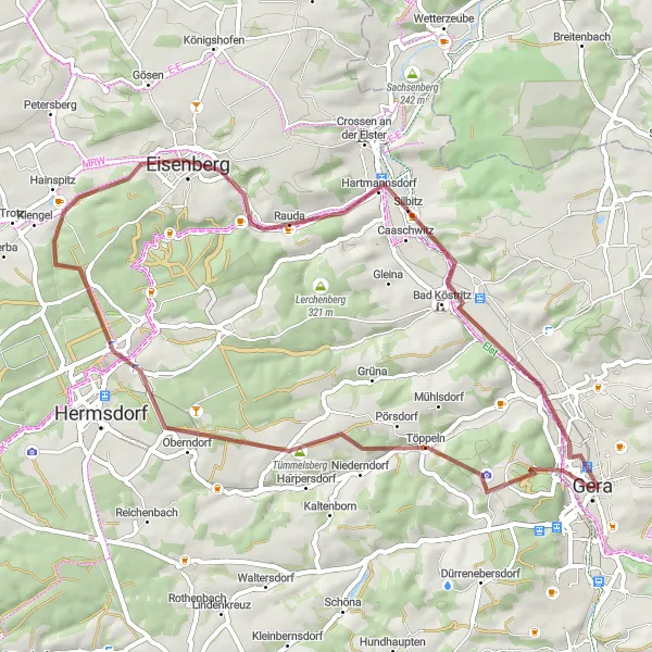 Map miniature of "Gera's Gravel Adventure" cycling inspiration in Thüringen, Germany. Generated by Tarmacs.app cycling route planner