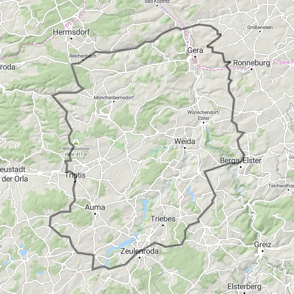 Karten-Miniaturansicht der Radinspiration "Große Runde durchs Altenburger Land" in Thüringen, Germany. Erstellt vom Tarmacs.app-Routenplaner für Radtouren