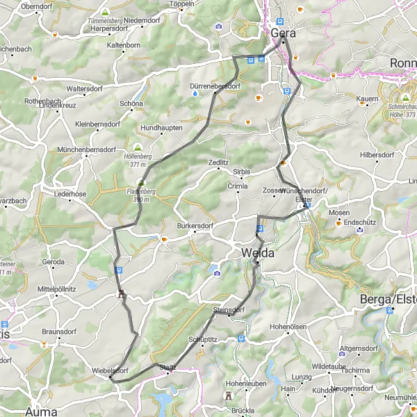 Map miniature of "Countryside Exploration to Debschwitz" cycling inspiration in Thüringen, Germany. Generated by Tarmacs.app cycling route planner