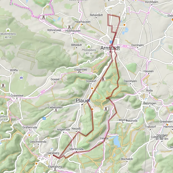 Map miniature of "Geraberg Gravel Ride" cycling inspiration in Thüringen, Germany. Generated by Tarmacs.app cycling route planner