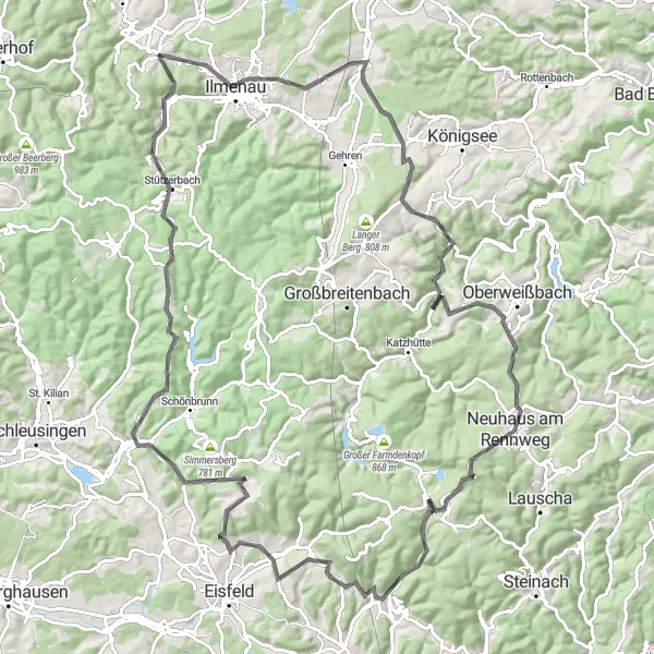 Karten-Miniaturansicht der Radinspiration "Ilmenau-Elgersburg Road Tour" in Thüringen, Germany. Erstellt vom Tarmacs.app-Routenplaner für Radtouren