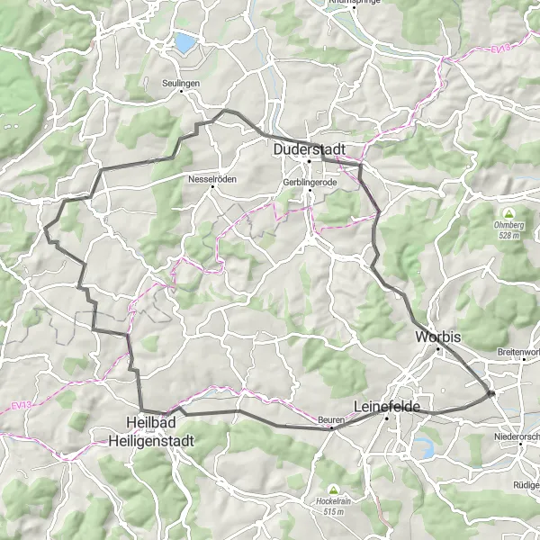 Map miniature of "The Eichsfeld Expedition" cycling inspiration in Thüringen, Germany. Generated by Tarmacs.app cycling route planner