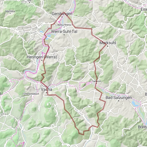 Map miniature of "Gravel Adventure in the Thuringian Countryside" cycling inspiration in Thüringen, Germany. Generated by Tarmacs.app cycling route planner