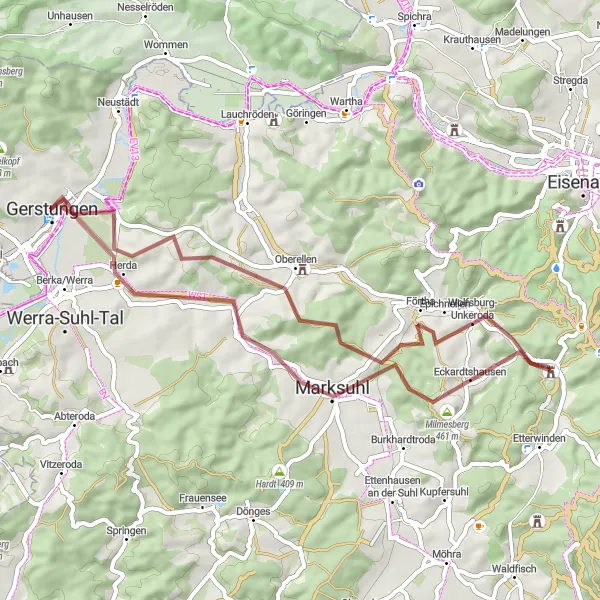 Karten-Miniaturansicht der Radinspiration "Die Thüringer Hügel-Tour" in Thüringen, Germany. Erstellt vom Tarmacs.app-Routenplaner für Radtouren