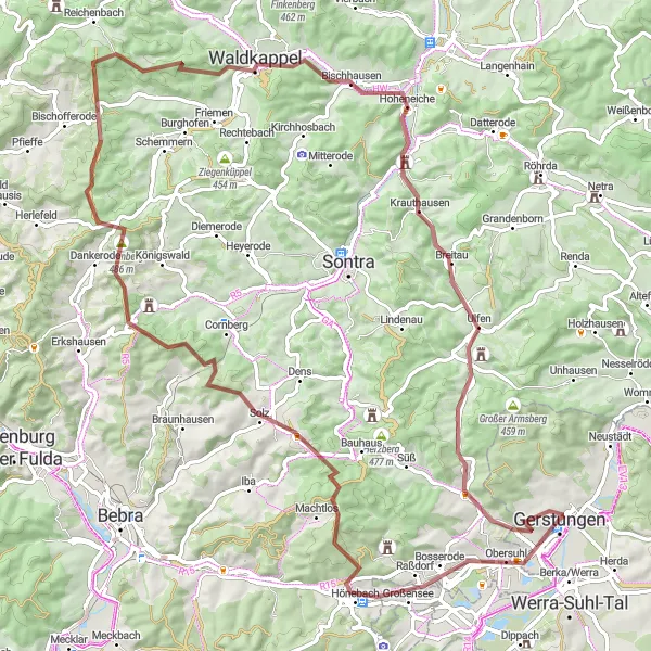 Karten-Miniaturansicht der Radinspiration "Gravelabenteuer durchs Fuldatal" in Thüringen, Germany. Erstellt vom Tarmacs.app-Routenplaner für Radtouren