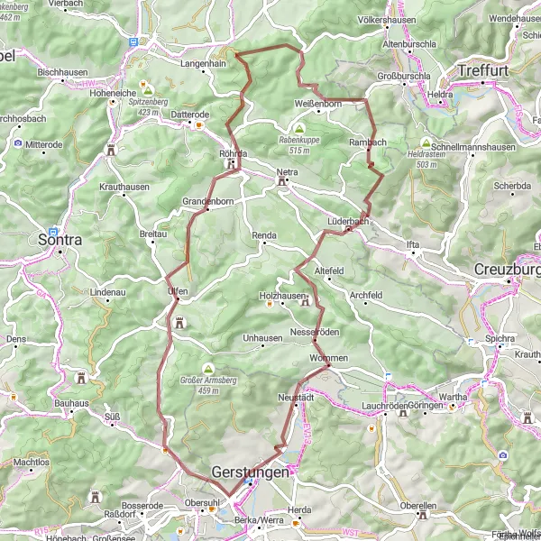 Map miniature of "Rural Gravel Loop" cycling inspiration in Thüringen, Germany. Generated by Tarmacs.app cycling route planner