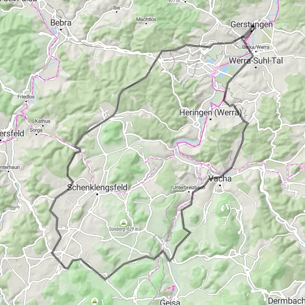 Karten-Miniaturansicht der Radinspiration "Malersweg der Werratal-Höhenrunde" in Thüringen, Germany. Erstellt vom Tarmacs.app-Routenplaner für Radtouren