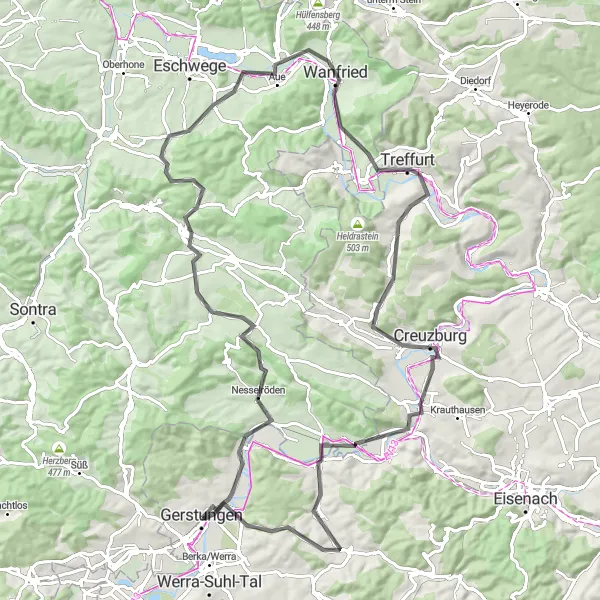 Map miniature of "Werra Valley Road Cycling Adventure" cycling inspiration in Thüringen, Germany. Generated by Tarmacs.app cycling route planner