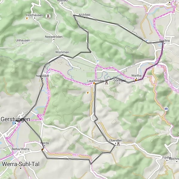 Karten-Miniaturansicht der Radinspiration "Thüringer Höhenrunde" in Thüringen, Germany. Erstellt vom Tarmacs.app-Routenplaner für Radtouren