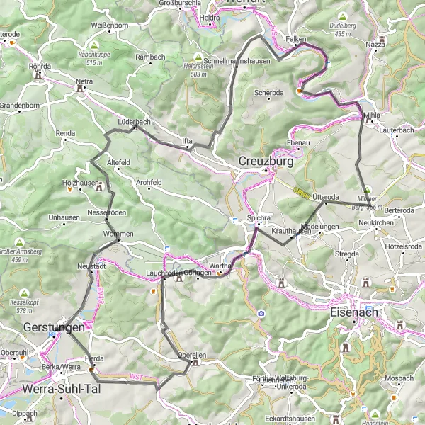 Map miniature of "Wartburg Highlands" cycling inspiration in Thüringen, Germany. Generated by Tarmacs.app cycling route planner