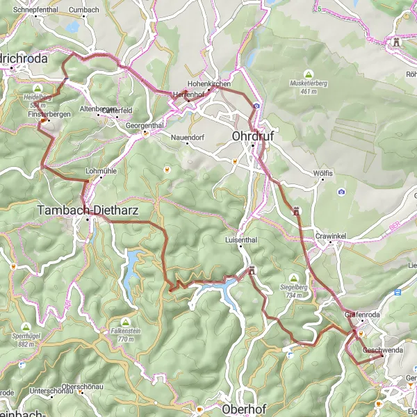 Map miniature of "Geschwenda Gravel Adventure" cycling inspiration in Thüringen, Germany. Generated by Tarmacs.app cycling route planner