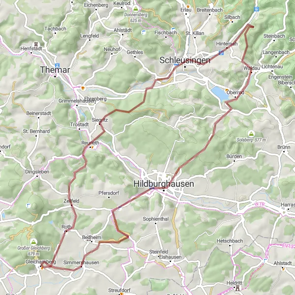 Map miniature of "Gleichamberg to Büchelsberg Gravel Round-Trip" cycling inspiration in Thüringen, Germany. Generated by Tarmacs.app cycling route planner