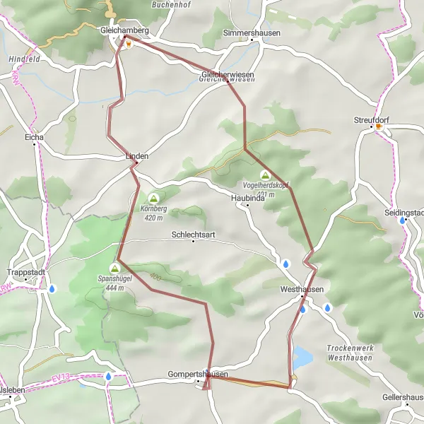 Karten-Miniaturansicht der Radinspiration "Rundweg um Gleichamberg auf Schotterstraßen" in Thüringen, Germany. Erstellt vom Tarmacs.app-Routenplaner für Radtouren