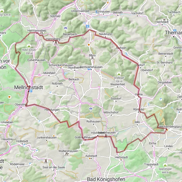 Map miniature of "Exploring Gravel Paths" cycling inspiration in Thüringen, Germany. Generated by Tarmacs.app cycling route planner