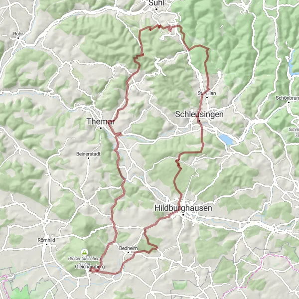 Map miniature of "Exploring the Gravel Trails of Gleichamberg" cycling inspiration in Thüringen, Germany. Generated by Tarmacs.app cycling route planner