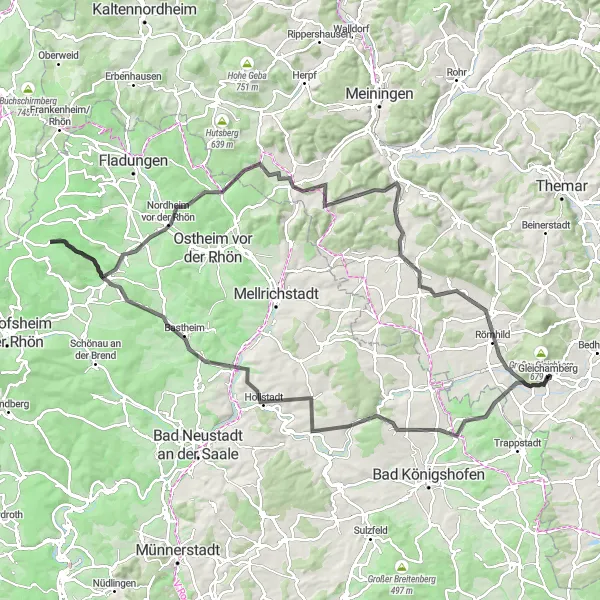 Map miniature of "The Rhön Challenge" cycling inspiration in Thüringen, Germany. Generated by Tarmacs.app cycling route planner