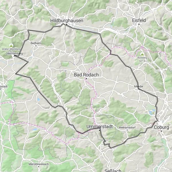 Karten-Miniaturansicht der Radinspiration "Rundkurs Richtung Gleichberge" in Thüringen, Germany. Erstellt vom Tarmacs.app-Routenplaner für Radtouren