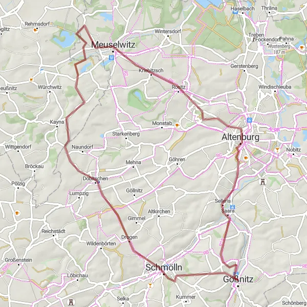 Map miniature of "Gößnitz and the Tower of Ernest-Agnes" cycling inspiration in Thüringen, Germany. Generated by Tarmacs.app cycling route planner