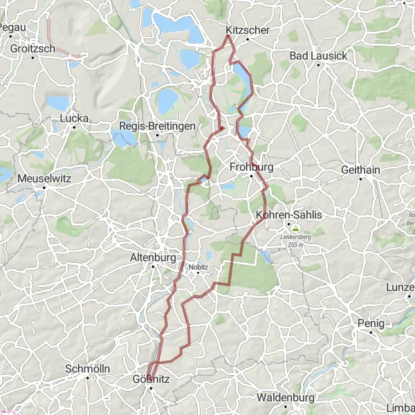 Karten-Miniaturansicht der Radinspiration "Rundtour Gößnitz - Priefel - Frohburg - Lerchenberg - Dittmannsdorf - Wustenberg - Windischleuba - Stünzhain - Gößnitz" in Thüringen, Germany. Erstellt vom Tarmacs.app-Routenplaner für Radtouren