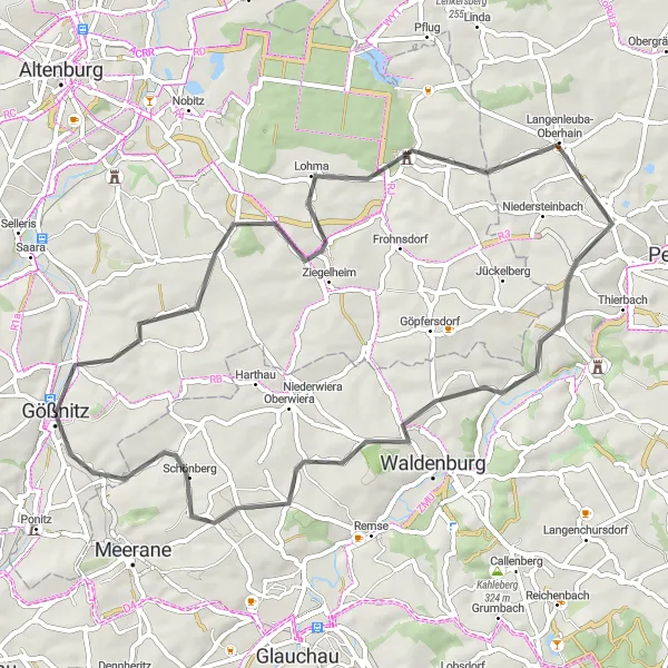 Karten-Miniaturansicht der Radinspiration "55 km Rundroute mit 430 Höhenmetern durch malerische Orte" in Thüringen, Germany. Erstellt vom Tarmacs.app-Routenplaner für Radtouren
