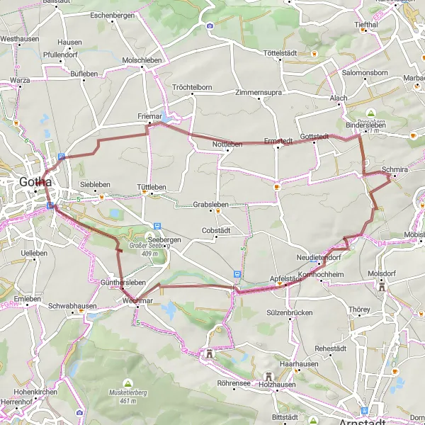 Map miniature of "Gotha Round Trip: Gravel Escape" cycling inspiration in Thüringen, Germany. Generated by Tarmacs.app cycling route planner