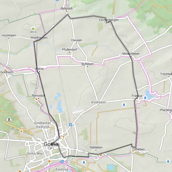 Map miniature of "Westhausen to Friemar Road Route" cycling inspiration in Thüringen, Germany. Generated by Tarmacs.app cycling route planner