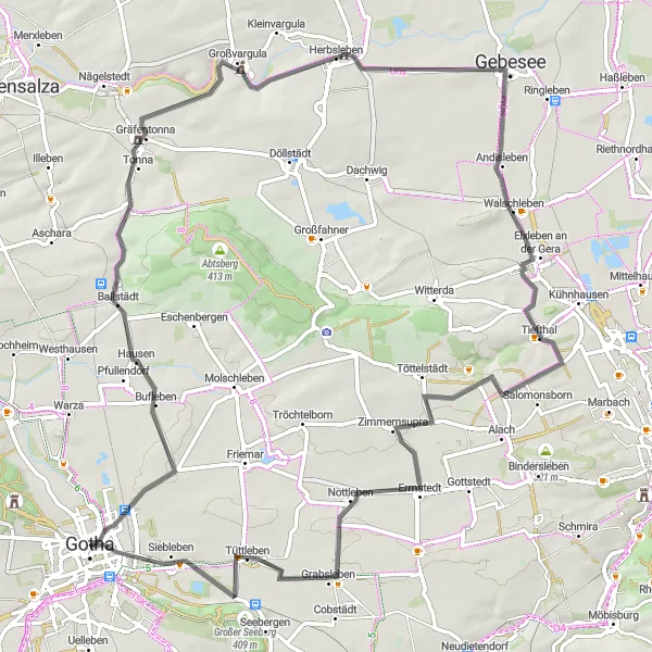 Karten-Miniaturansicht der Radinspiration "Gotha Tour über Ballstädt und Tiefthal" in Thüringen, Germany. Erstellt vom Tarmacs.app-Routenplaner für Radtouren