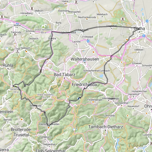 Map miniature of "Gotha Round Trip: Hilltop Wonders" cycling inspiration in Thüringen, Germany. Generated by Tarmacs.app cycling route planner