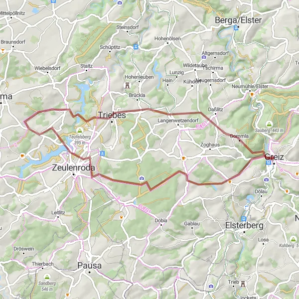 Map miniature of "Gravel Tour to Klingenstein and Erbengrün" cycling inspiration in Thüringen, Germany. Generated by Tarmacs.app cycling route planner