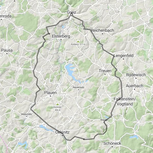 Map miniature of "Road Tour to Kürbitz and Netzschkau" cycling inspiration in Thüringen, Germany. Generated by Tarmacs.app cycling route planner