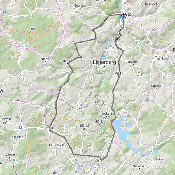 Karten-Miniaturansicht der Radinspiration "Erholsame Rundtour um Greiz" in Thüringen, Germany. Erstellt vom Tarmacs.app-Routenplaner für Radtouren