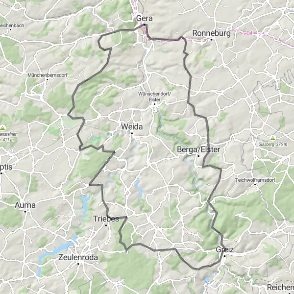 Karten-Miniaturansicht der Radinspiration "Herausfordernde Straßenrunde mit kulturellen Highlights" in Thüringen, Germany. Erstellt vom Tarmacs.app-Routenplaner für Radtouren