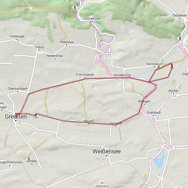 Map miniature of "A Riverside Adventure" cycling inspiration in Thüringen, Germany. Generated by Tarmacs.app cycling route planner