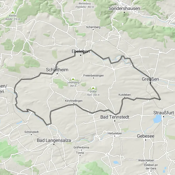 Map miniature of "Scenic Road Cycling in the Greußen Region" cycling inspiration in Thüringen, Germany. Generated by Tarmacs.app cycling route planner