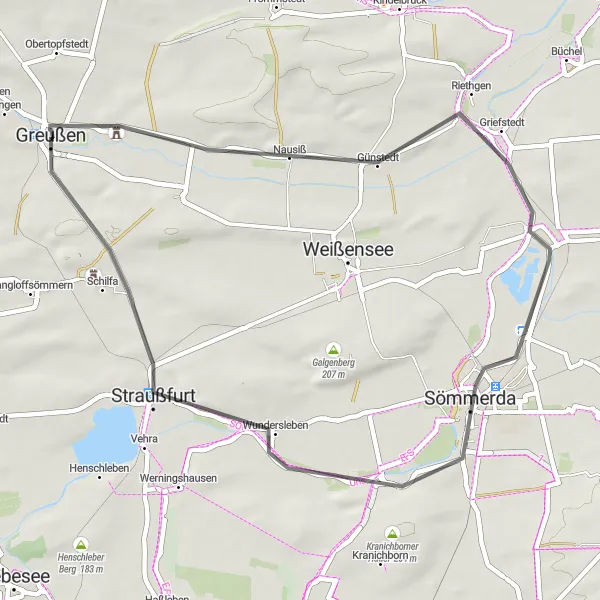 Karten-Miniaturansicht der Radinspiration "Greußen - Straußfurt Road Route" in Thüringen, Germany. Erstellt vom Tarmacs.app-Routenplaner für Radtouren