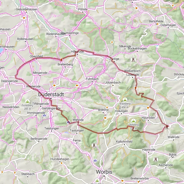 Karten-Miniaturansicht der Radinspiration "Gravelabenteuer um Großbodungen" in Thüringen, Germany. Erstellt vom Tarmacs.app-Routenplaner für Radtouren