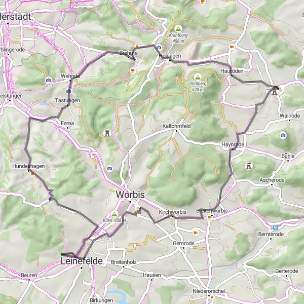 Map miniature of "Kirchworbis and Sonnenstein Road Loop" cycling inspiration in Thüringen, Germany. Generated by Tarmacs.app cycling route planner