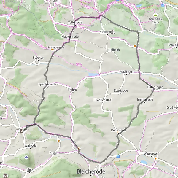 Karten-Miniaturansicht der Radinspiration "Rundtour durch die Natur um Großbodungen" in Thüringen, Germany. Erstellt vom Tarmacs.app-Routenplaner für Radtouren