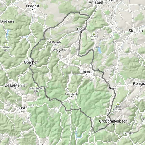 Map miniature of "Rennsteig Road Glory" cycling inspiration in Thüringen, Germany. Generated by Tarmacs.app cycling route planner