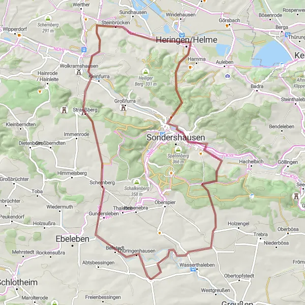 Map miniature of "Exploring the Helme River Valley" cycling inspiration in Thüringen, Germany. Generated by Tarmacs.app cycling route planner