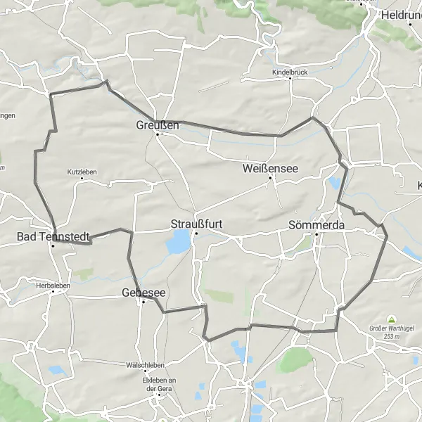 Karten-Miniaturansicht der Radinspiration "Radtour Clingen-Großrudestedt-Hornsömmern" in Thüringen, Germany. Erstellt vom Tarmacs.app-Routenplaner für Radtouren